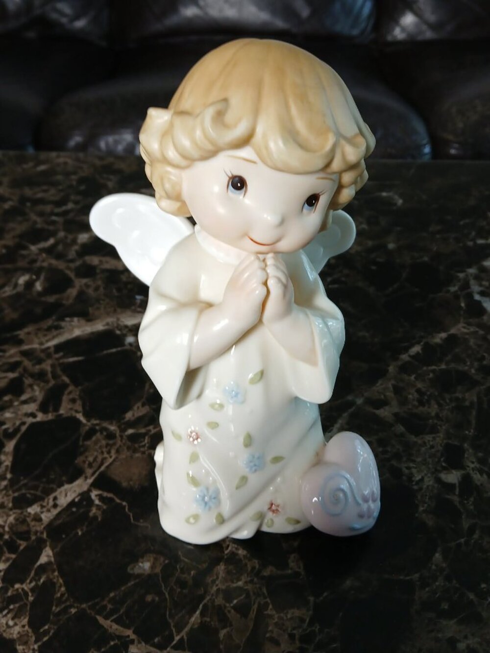 Praying Angel Figurine Porcelain Floral Gown Heart Collectible Cherub Girl Blond